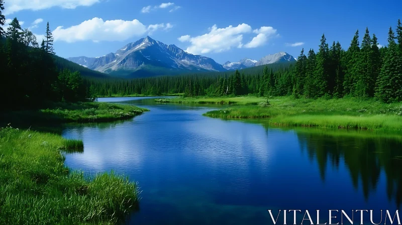 Tranquil Mountain Lake with Reflective Waters and Verdant Forests AI Image