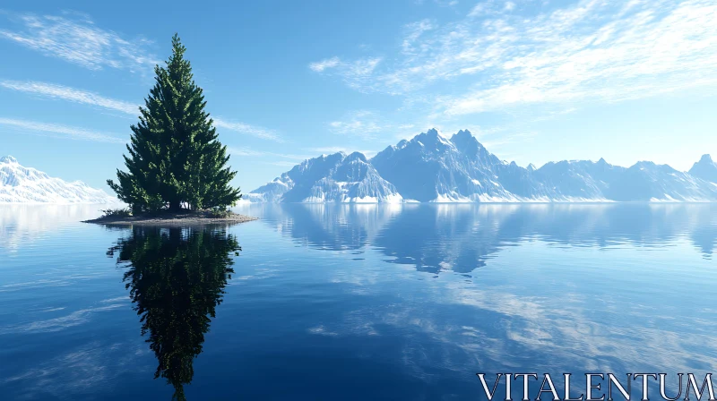 Tranquil Scene of Single Tree and Mountain Reflection on Lake AI Image