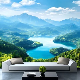 Living Room Mural with Scenic Lake and Mountain View