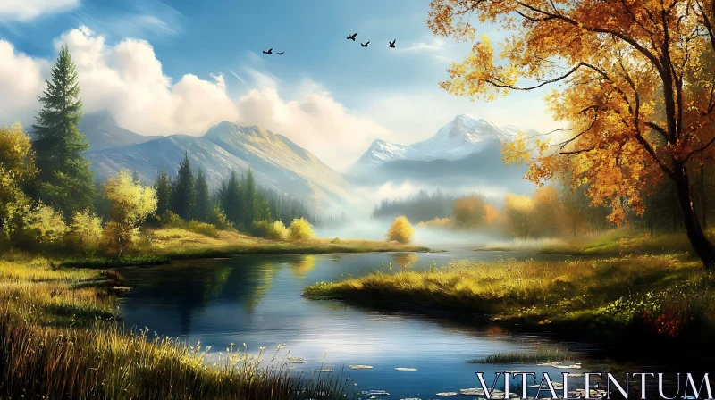 Autumn River with Misty Mountains and Golden Foliage AI Image