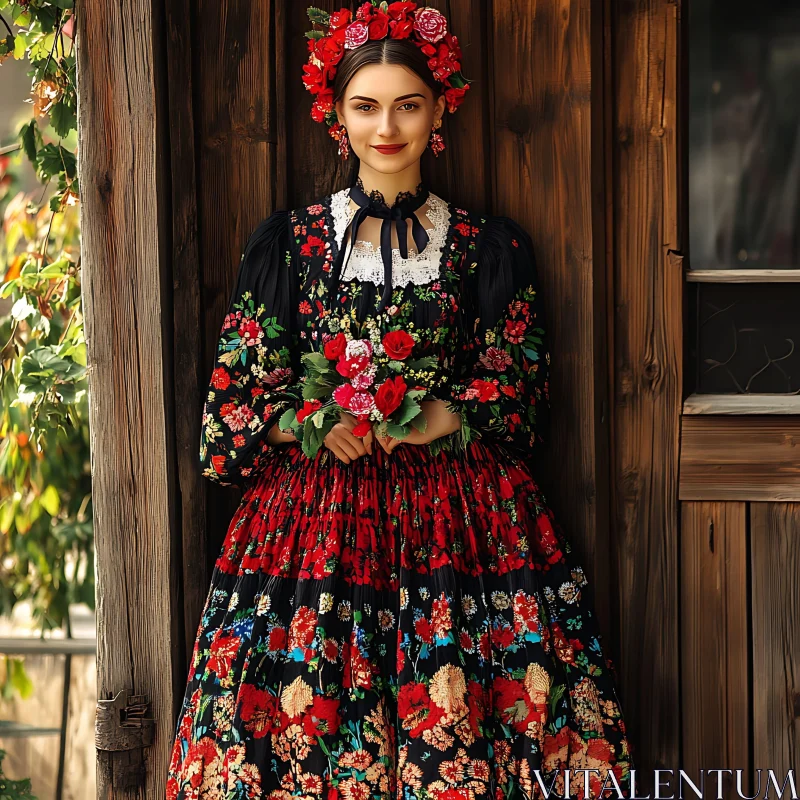 Woman in Traditional Dress with Flower Bouquet AI Image