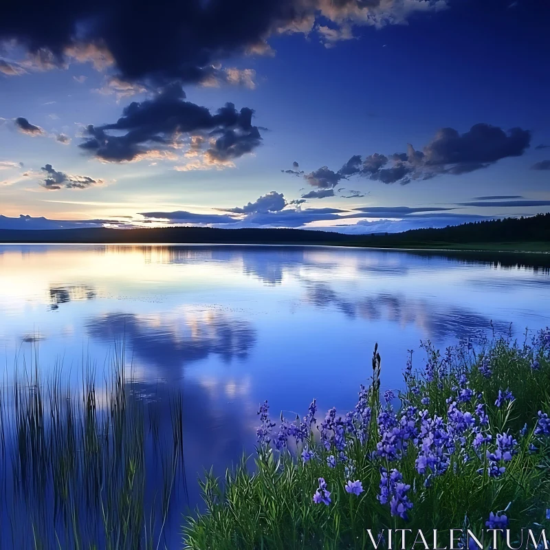 Sunset by the Calming Lake with Reflective Waters and Vibrant Flora AI Image