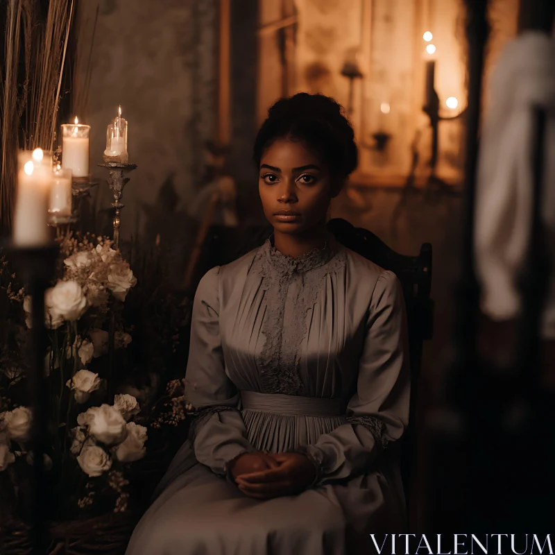 Serene Woman in Vintage Dress with Candlelight AI Image