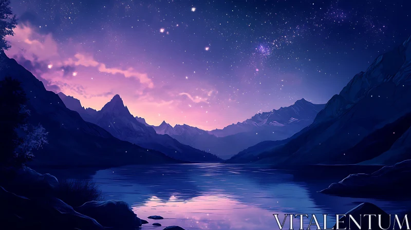 Serene Twilight Over Mountain Lake with Starry Sky AI Image