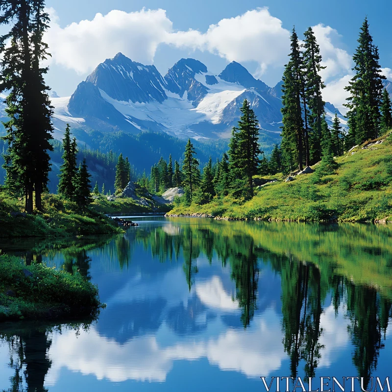 Peaceful Mountain Lake Amidst Snowy Peaks AI Image