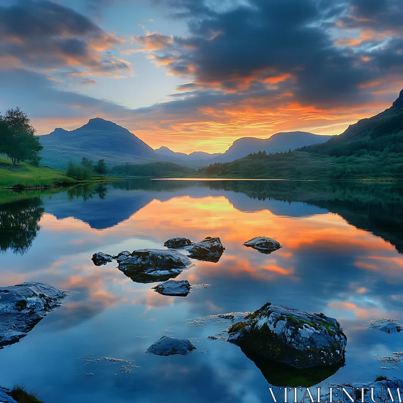 Peaceful Mountain Lake at Sunset AI Image