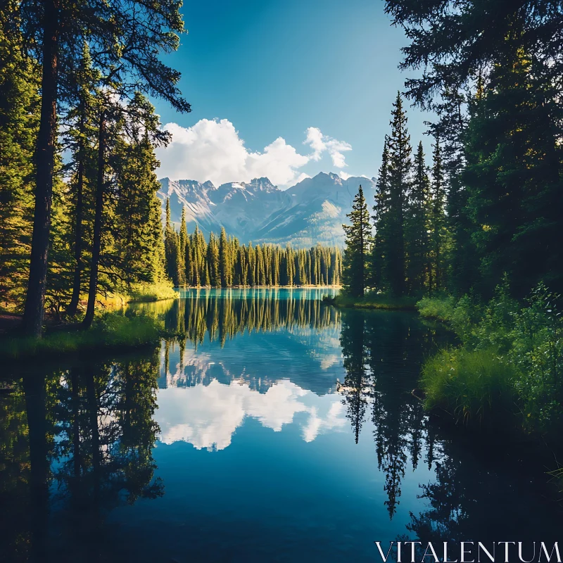 Tranquil Lake Reflection of Mountains and Pines AI Image