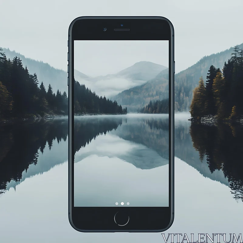 AI ART Tranquil Lake with Smartphone View - Misty Mountains