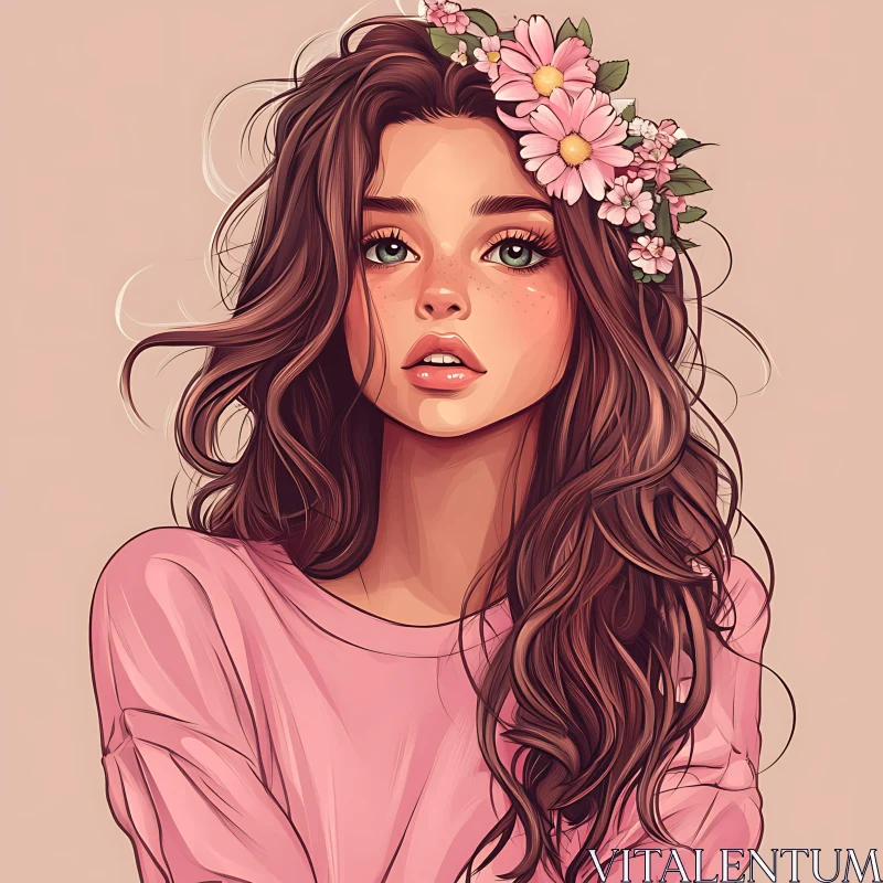 AI ART Digital Art of a Young Woman with Flowers