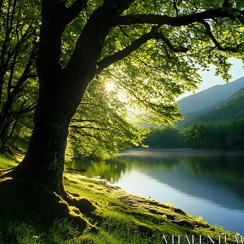 Peaceful Forest Setting with Sunlight Through Trees by a Lake AI Image