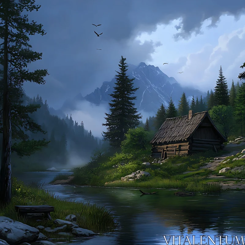 Tranquil Forest Cabin Near Mountain Stream AI Image