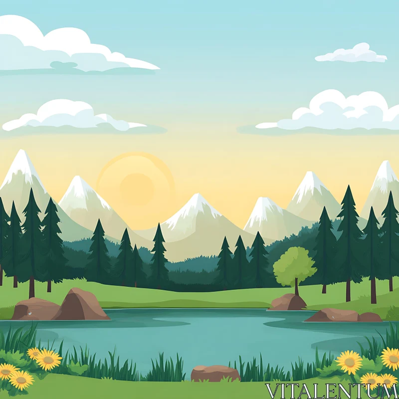 Peaceful Sunset Over Lake and Mountains in Forest Setting AI Image