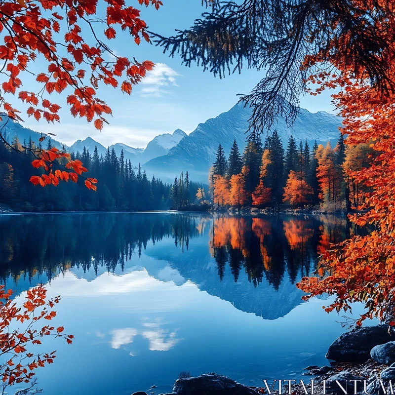 Serene Autumn Lake with Mountain View AI Image