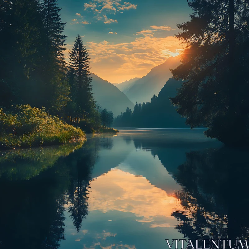 Peaceful Lake Sunset with Mountain Reflections AI Image