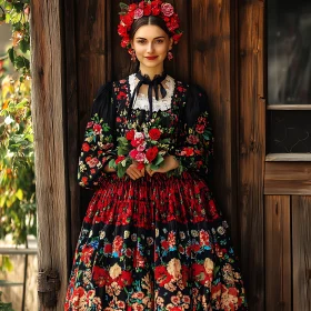 Woman in Traditional Dress with Flower Bouquet