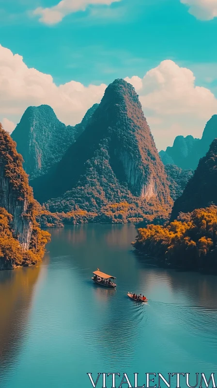 Peaceful Boats on a River Surrounded by Lush Mountains AI Image