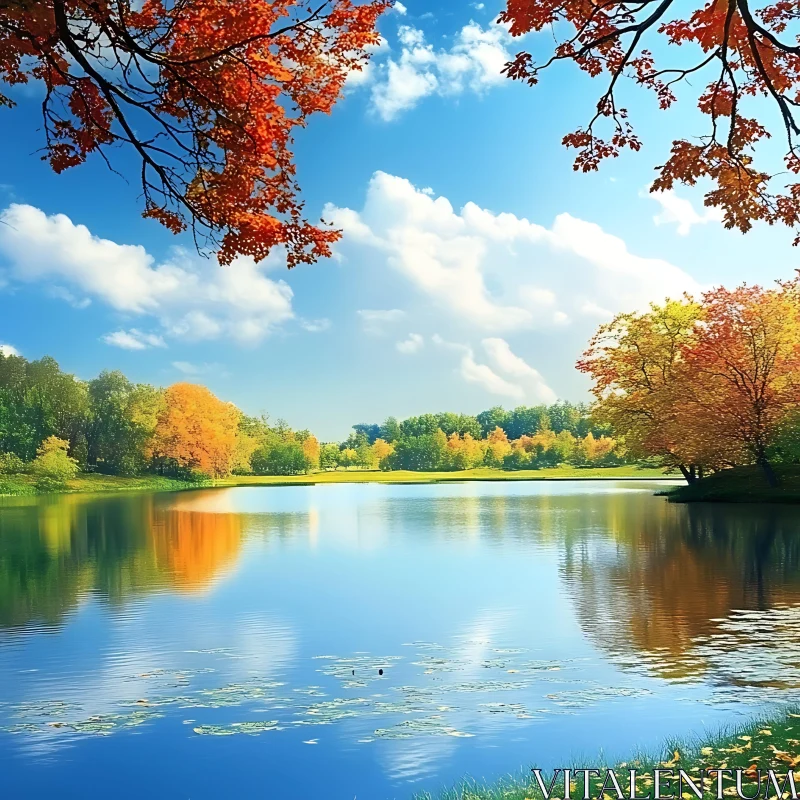 Serene Lake with Autumn Tree Reflection AI Image