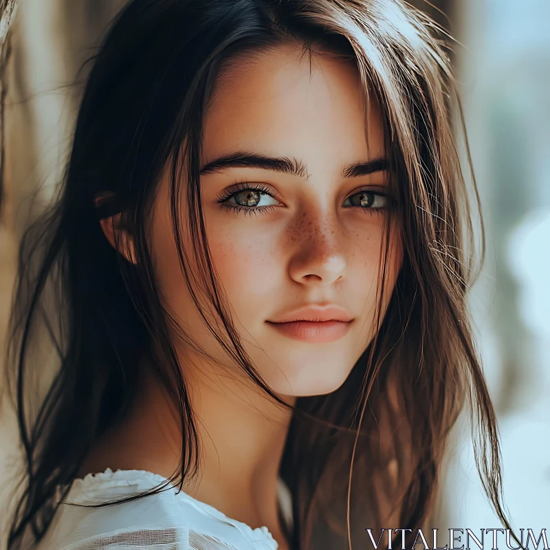 Close-up of Beautiful Woman with Long Brown Hair AI Image