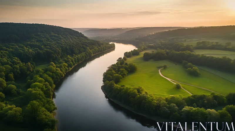 Aerial Landscape of River and Forest at Sunset AI Image