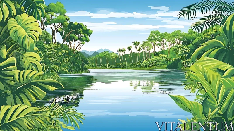 Tranquil Lake in a Tropical Forest AI Image