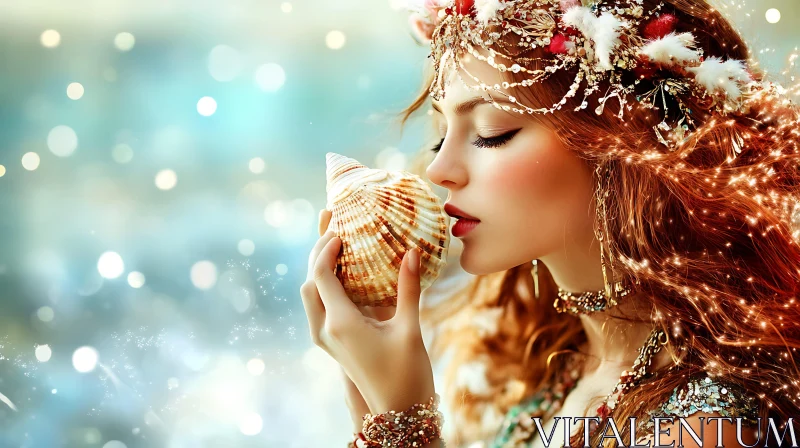 Magical Mermaid Holding Seashell Surrounded by Sparkles AI Image