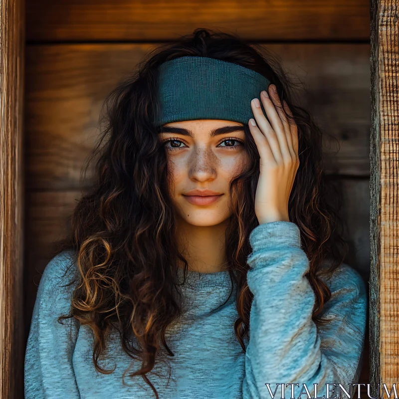 Freckled Woman with Curly Hair and Green Headband AI Image