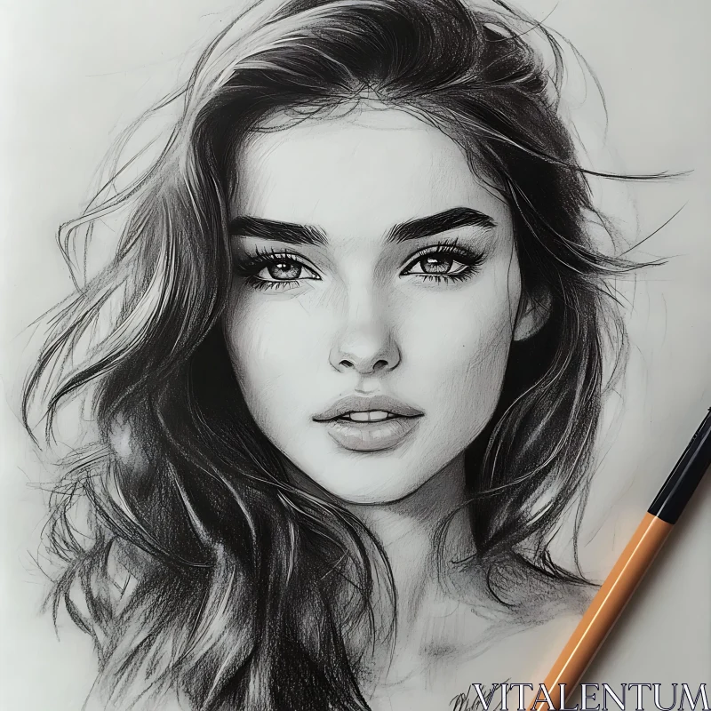 Intricate Woman Portrait in Pencil AI Image