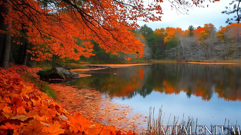 Serene Lakeside in Autumn with Colorful Leaves AI Image