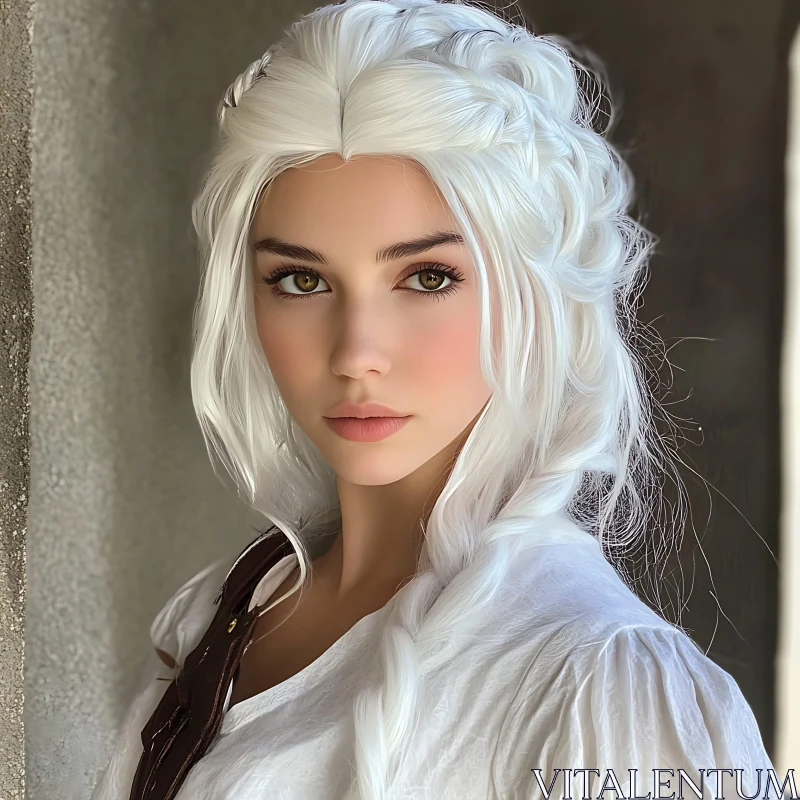 Graceful Woman with Braided White Hair AI Image