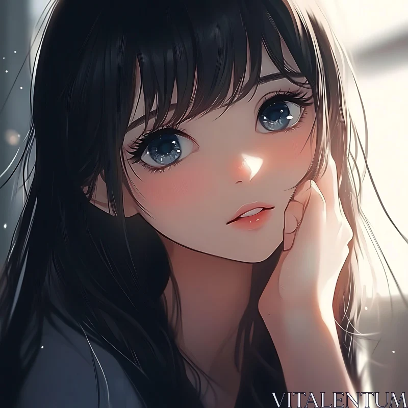 Contemplative Anime Girl with Dark Hair AI Image