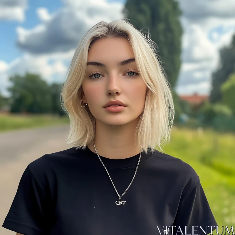 Blonde Woman in Black T-Shirt Outdoor Portrait AI Image