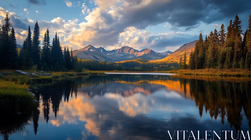 Mountain Peaks and Pine Trees by a Reflective Lake AI Image