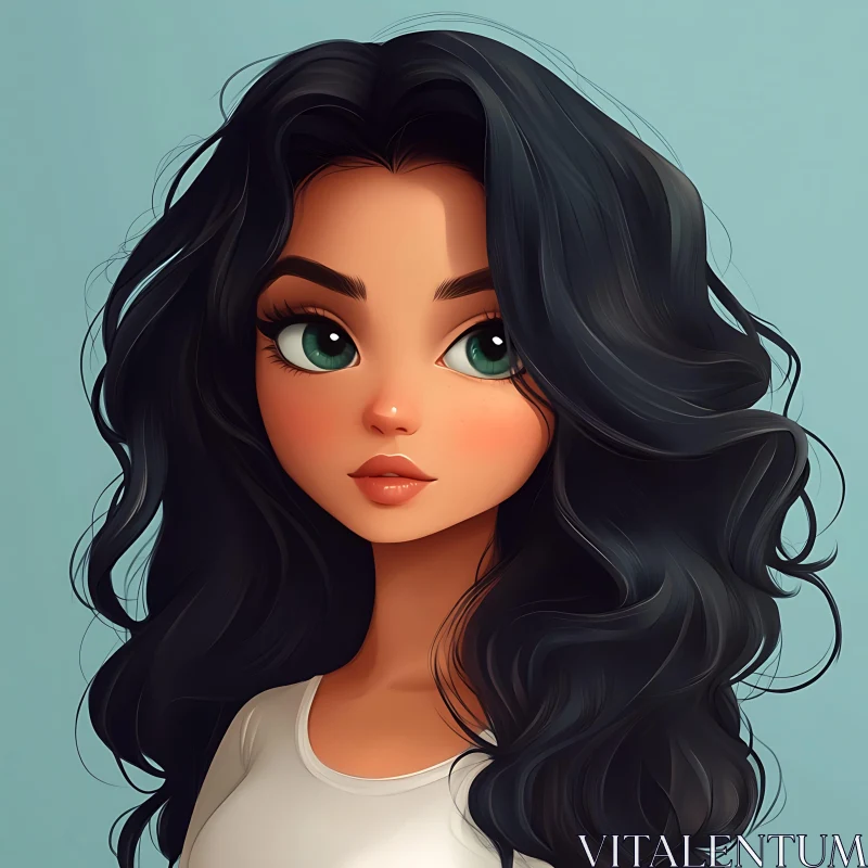 Illustrated Young Woman with Black Hair and Green Eyes AI Image