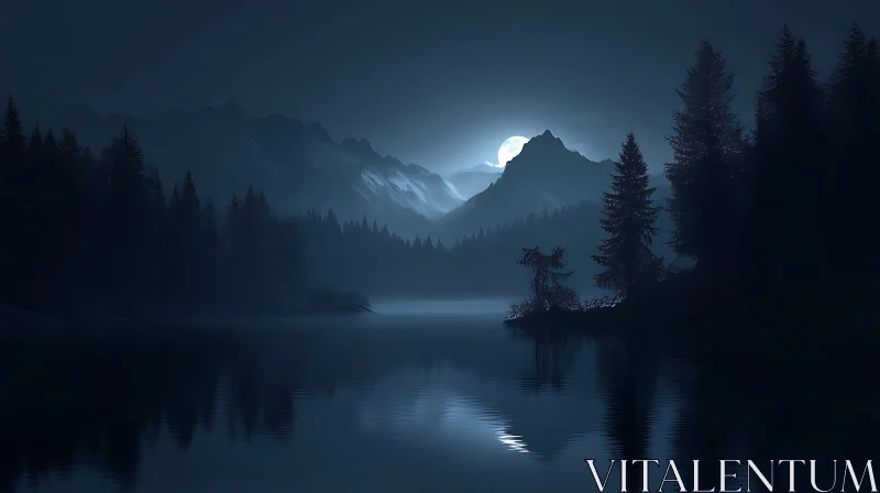 Serene Moonlit Lake and Mountain Reflections AI Image