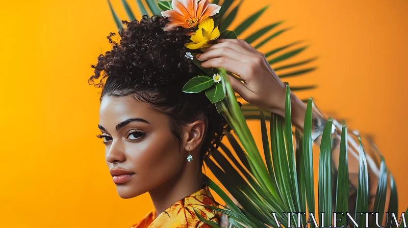 Flower Adorned Woman Against Orange Background AI Image