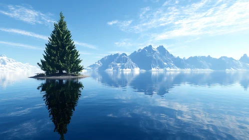 Tranquil Scene of Single Tree and Mountain Reflection on Lake