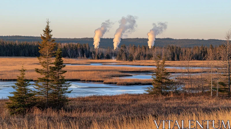 Wetland Marsh with Steam Plumes and Evergreen Trees AI Image