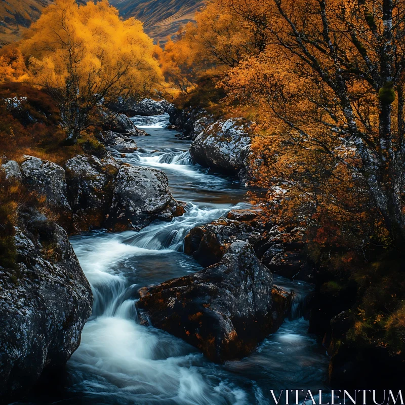 Scenic Autumn Stream Amidst Brilliant Foliage AI Image