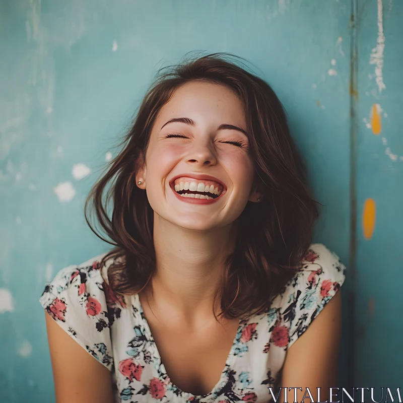 Laughing Woman in Floral Dress Against Teal Background AI Image