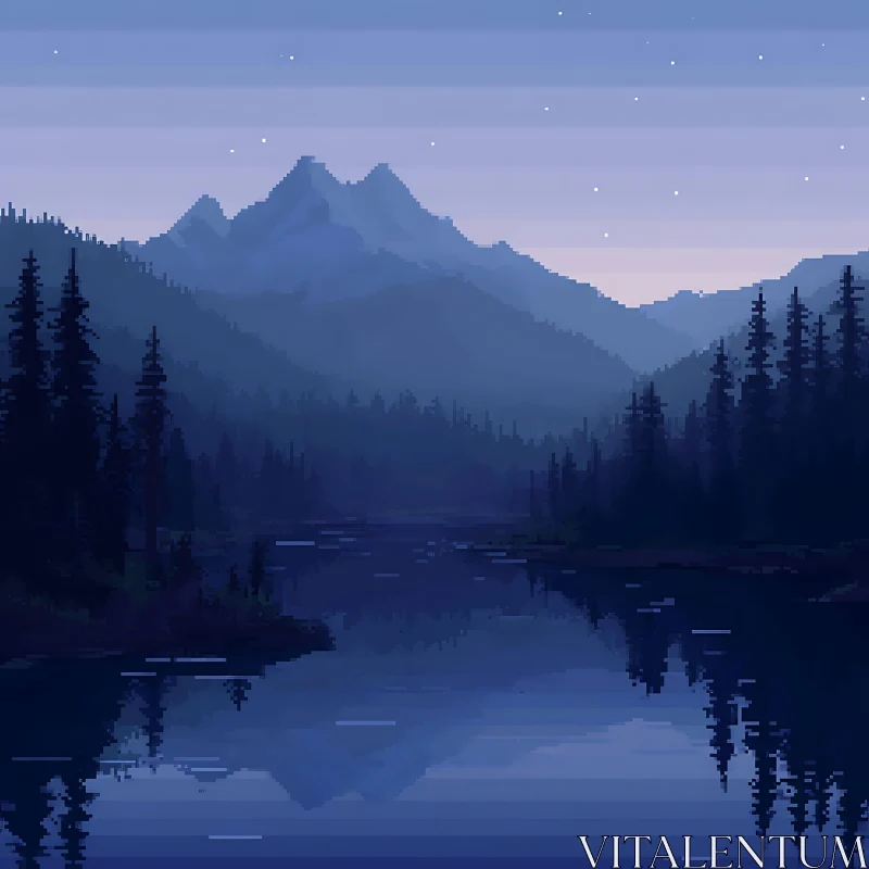 Pixel Art of Serene Mountain Scenery AI Image