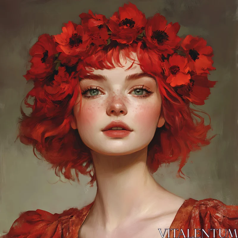 Red-Haired Woman with Poppy Flower Crown AI Image