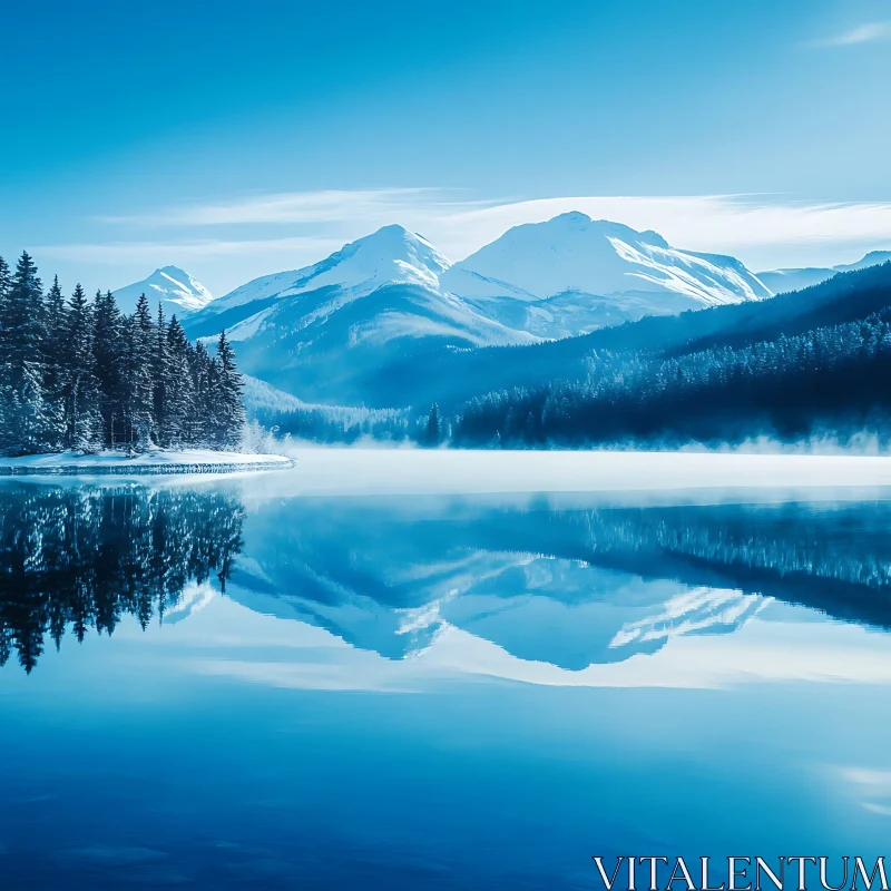 Tranquil Mountain Peaks with Forest and Lake Reflection AI Image