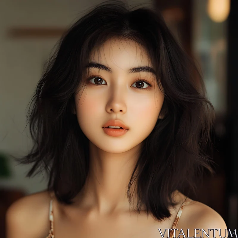 Portrait of a Young Woman with Soft Features and Intense Eyes AI Image