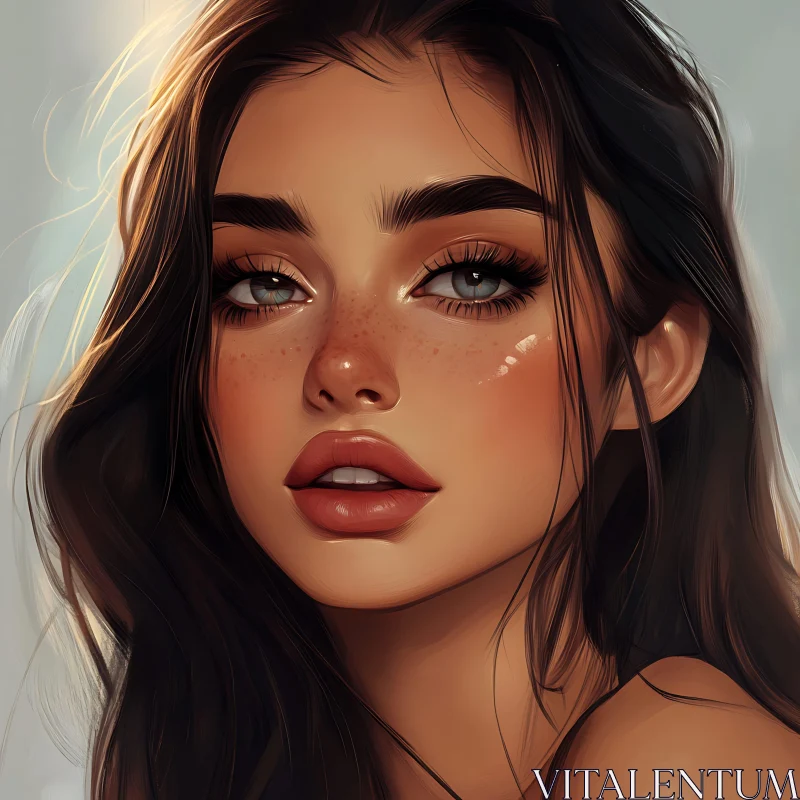 Digital Art of Woman with Natural Freckles AI Image