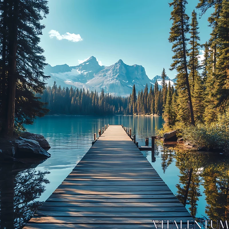 AI ART Idyllic Lake with Wooden Dock and Snow-Capped Peaks