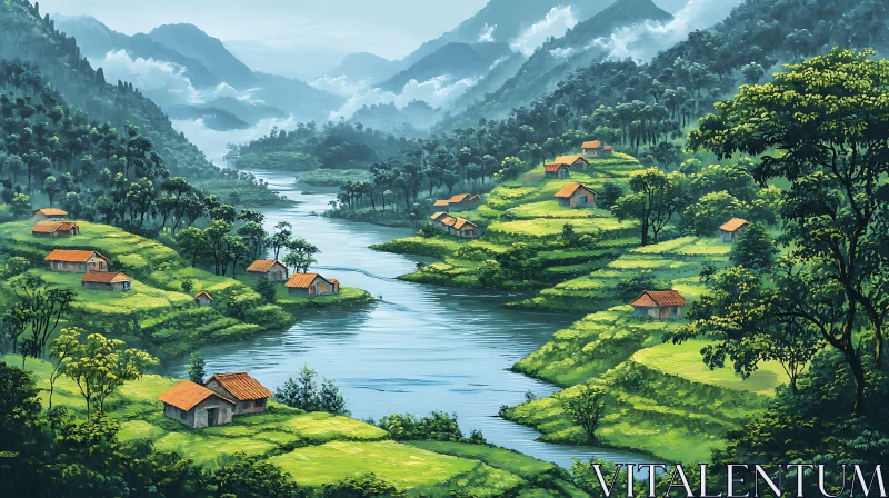 Peaceful Landscape with River and Traditional Houses AI Image