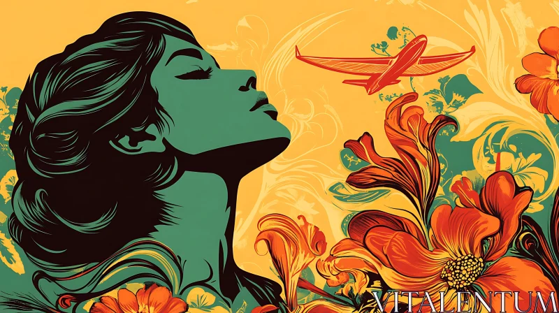 Colorful Abstract Artwork of Woman and Airplane AI Image