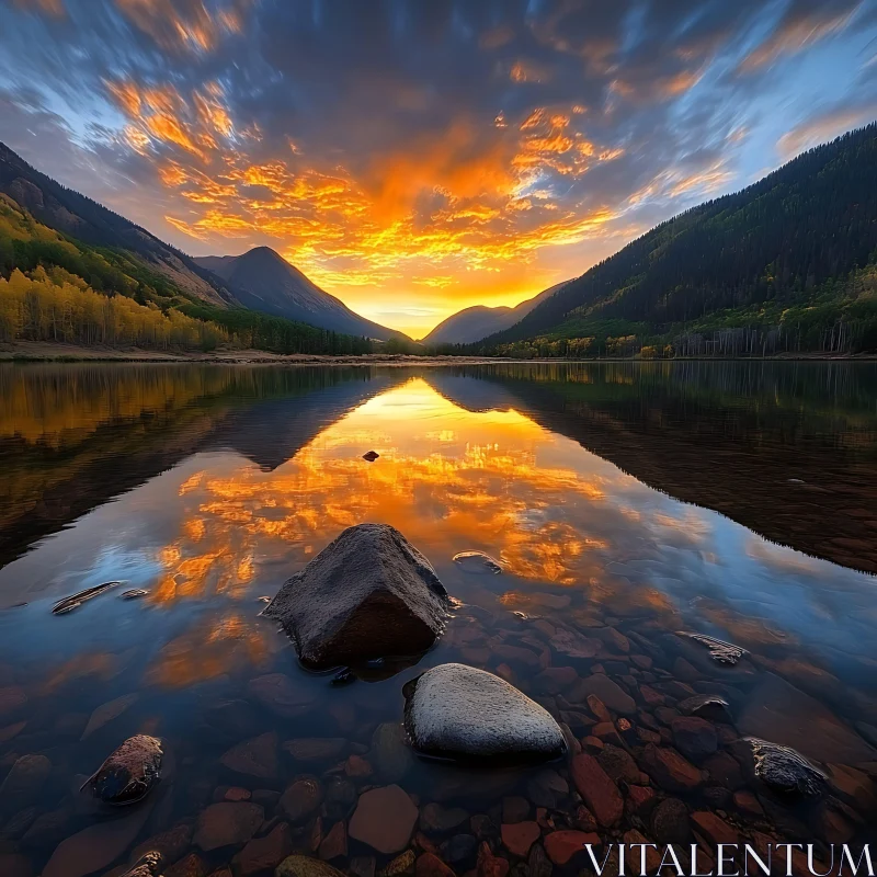 Majestic Sunset Reflecting on Tranquil Lake AI Image