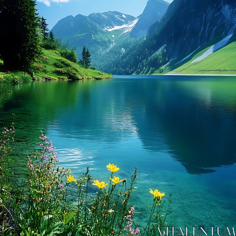 Peaceful Alpine Lake with Clear Waters and Blossoming Flora AI Image