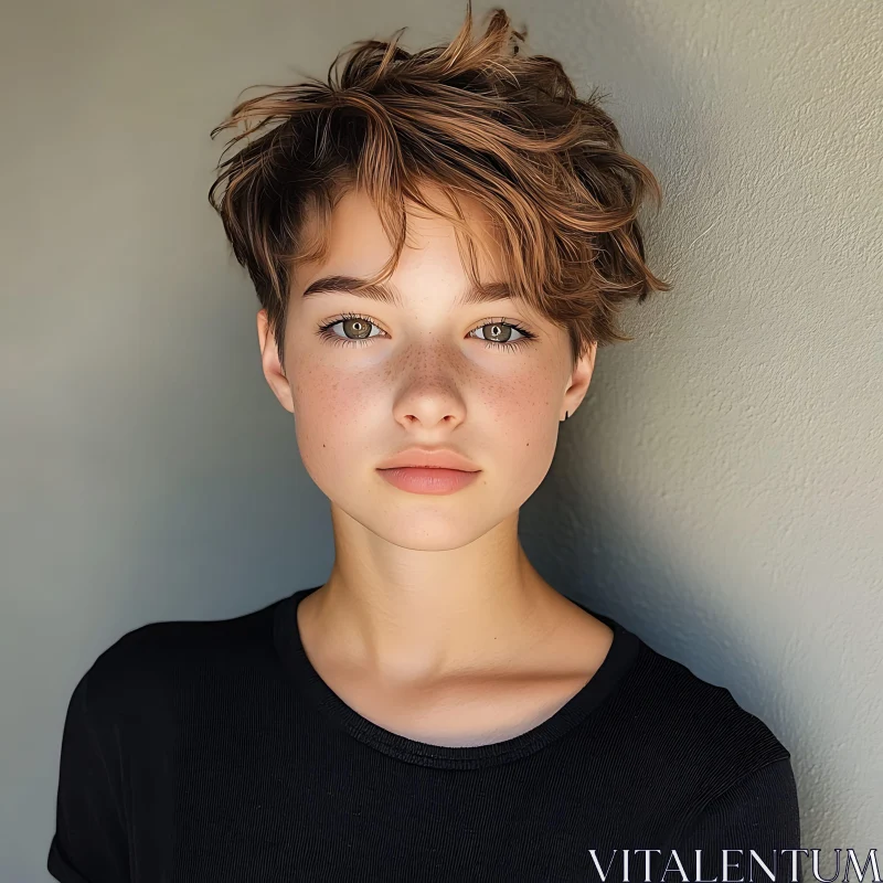 Serene Young Woman with Short Tousled Hair AI Image